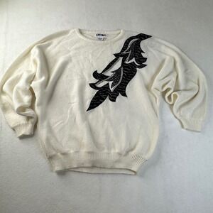 Vintage‎ Cream Knit Sweater Medium Black Abstract Sequin Embellished Retro 80s